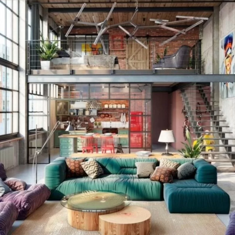Loft lakberendezési inspiráció karakteres anyagokkal, nyitott térrel és indusztriális részletekkel
